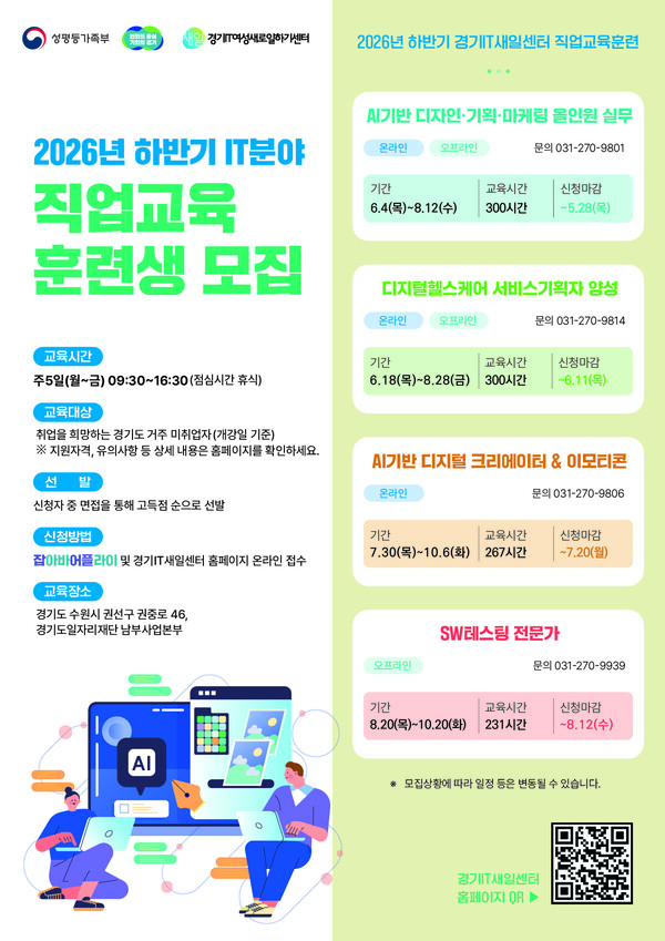 K채널/ 인공지능·디지털 인재 키운다…경기IT새일센터, 직업교육훈련생 80명 모집
